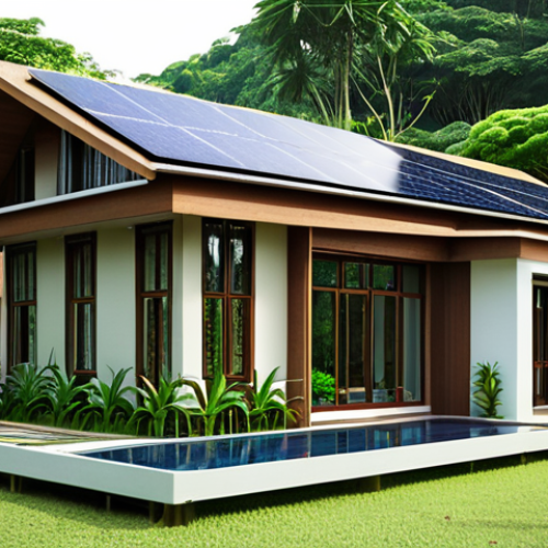 **Prompt:** A modern Thai house with solar panels on the roof, surrounded by lush green trees and a vertical garden. Focus on energy efficiency and sustainable living, incorporate a rain harvesting system. Natural light is emphasized.