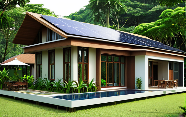 **Prompt:** A modern Thai house with solar panels on the roof, surrounded by lush green trees and a vertical garden. Focus on energy efficiency and sustainable living, incorporate a rain harvesting system. Natural light is emphasized.