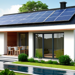 **A modern eco-friendly house design showcasing solar panels, rainwater harvesting, and lush green landscaping. The design emphasizes energy efficiency and sustainable materials.**