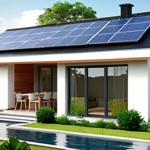 **A modern eco-friendly house design showcasing solar panels, rainwater harvesting, and lush green landscaping. The design emphasizes energy efficiency and sustainable materials.**
