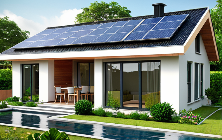 **A modern eco-friendly house design showcasing solar panels, rainwater harvesting, and lush green landscaping. The design emphasizes energy efficiency and sustainable materials.**