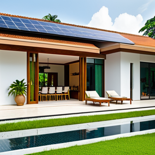 A modern, sustainable family home in a lush, sunny tropical setting in Thailand, featuring a large solar panel rooftop, walls made of eco-friendly bricks, and natural insulation visible through design elements. A fully clothed, family-friendly Thai family is enjoying the comfortable outdoor patio, emphasizing energy efficiency and harmony with nature. The architecture blends traditional Thai elements with modern green design. Professional photography, perfect anatomy, correct proportions, natural pose, well-formed hands, proper finger count, natural body proportions, safe for work, appropriate content, fully clothed, modest, high quality.