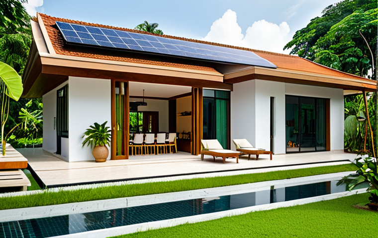 A modern, sustainable family home in a lush, sunny tropical setting in Thailand, featuring a large solar panel rooftop, walls made of eco-friendly bricks, and natural insulation visible through design elements. A fully clothed, family-friendly Thai family is enjoying the comfortable outdoor patio, emphasizing energy efficiency and harmony with nature. The architecture blends traditional Thai elements with modern green design. Professional photography, perfect anatomy, correct proportions, natural pose, well-formed hands, proper finger count, natural body proportions, safe for work, appropriate content, fully clothed, modest, high quality.