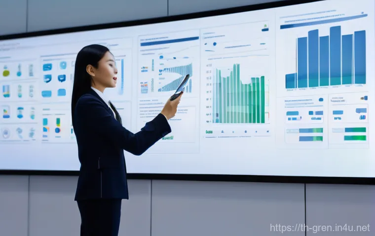 친환경 건축과 데이터 분석 기술 - **Prompt:** An interior view of a sophisticated "Smart Building" control hub or a high-tech office e...