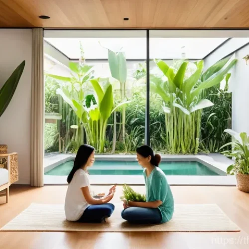 Home 23 친환경 건축과 건강 친화적 설계 - **"The Breathing Home" with Family**
A wide-angle interior shot of a modern, airy Thai family li...