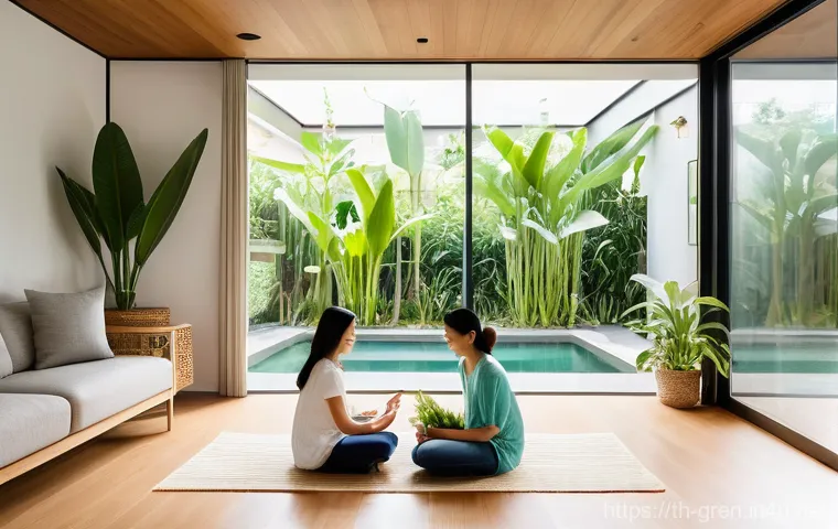친환경 건축과 건강 친화적 설계 - **"The Breathing Home" with Family**
    A wide-angle interior shot of a modern, airy Thai family li...