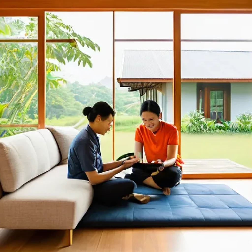 친환경 건축과 스마트 홈 기술 융합 - **Prompt 1: Solar-Powered Modern Thai Home Life**
    "A vibrant and cozy interior of a modern Thai ...