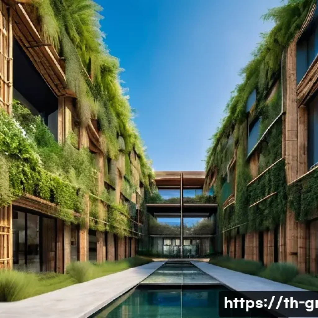 친환경 건축과 스마트 빌딩 기술 - A modern sustainable building exterior featuring natural eco-friendly materials such as bamboo panel...