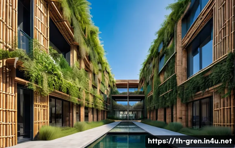 친환경 건축과 스마트 빌딩 기술 - A modern sustainable building exterior featuring natural eco-friendly materials such as bamboo panel...