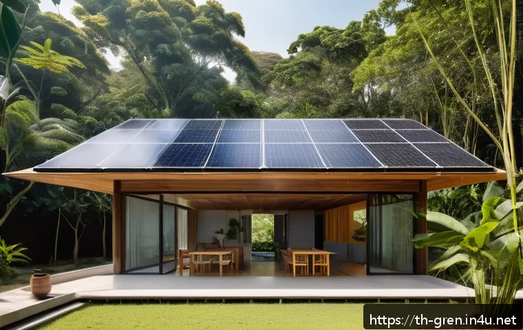 친환경 건축 이론 필수 개념 - A modern eco-friendly home exterior in a tropical Thai setting, featuring natural bamboo structures ...