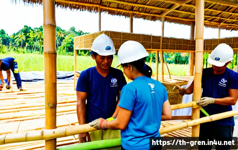 Home 27 친환경 건축 실습 교육 프로그램 추천 - Photorealistic hands-on sustainable construction workshop in Thailand, diverse adult learners wearin...